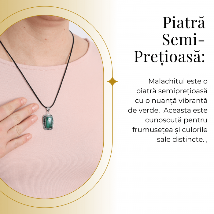 Colier Reglabil cu Pandantiv Argintiu 40mm in Forma Dreptunghiulara din Malachit Natural [3]