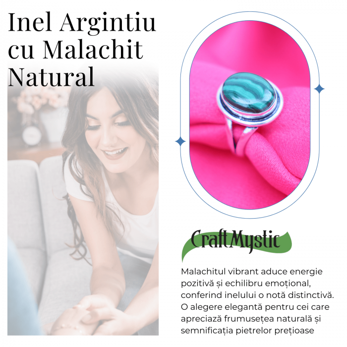 Inel Ajustabil Argintiu cu Malachit Natural [3]