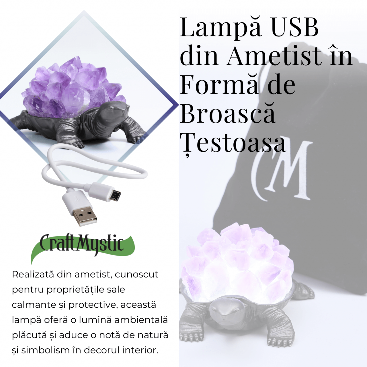 Mini Lampa Broasca Testoasa cu Cristale de Ametist - Relaxare si Energie Pozitiva [4]