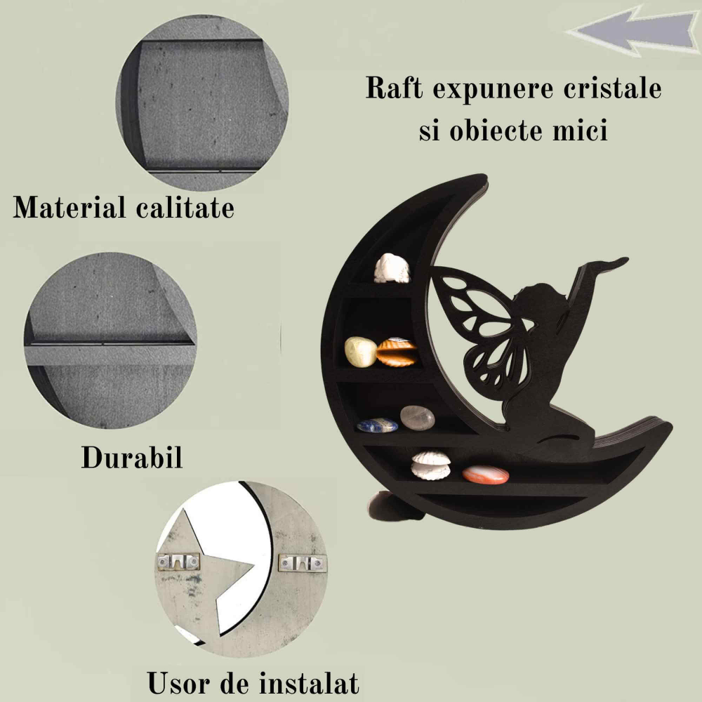 Mini Raft negru 30x30 cm expunere din lemn pentru cristale, uleiuri esentiale design Luna Stea - Decorare pentru camera [5]
