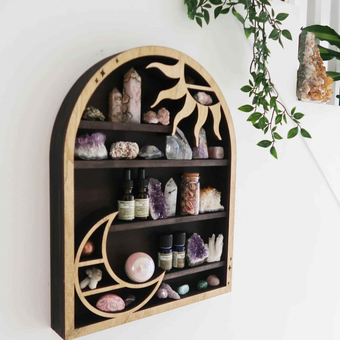 Mini Raft 45x35 cm expunere din lemn pentru cristale, uleiuri esentiale design Soare si Luna - Decorare gotica pentru camera [3]