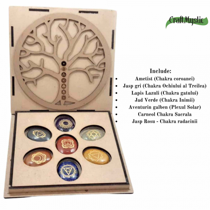 Set Complet cu 7 Pietre Chakra in Forma Ovala, Gravate cu Simboluri Reiki si Pastrate in Cutie din Lemn Natural - Cristale Terapeutice pentru Protectie, Meditatie si Energie Pozitiva [2]