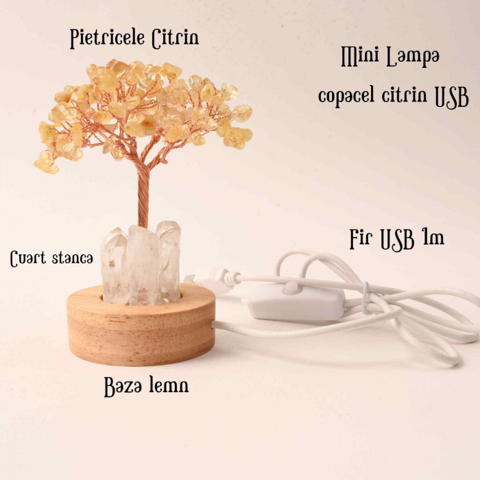 Mini Lampa Copacel 10 cm de Citrin si Cuart de Stanca cu USB - Amplifica Energia Pozitiva si Prosperitatea [4]