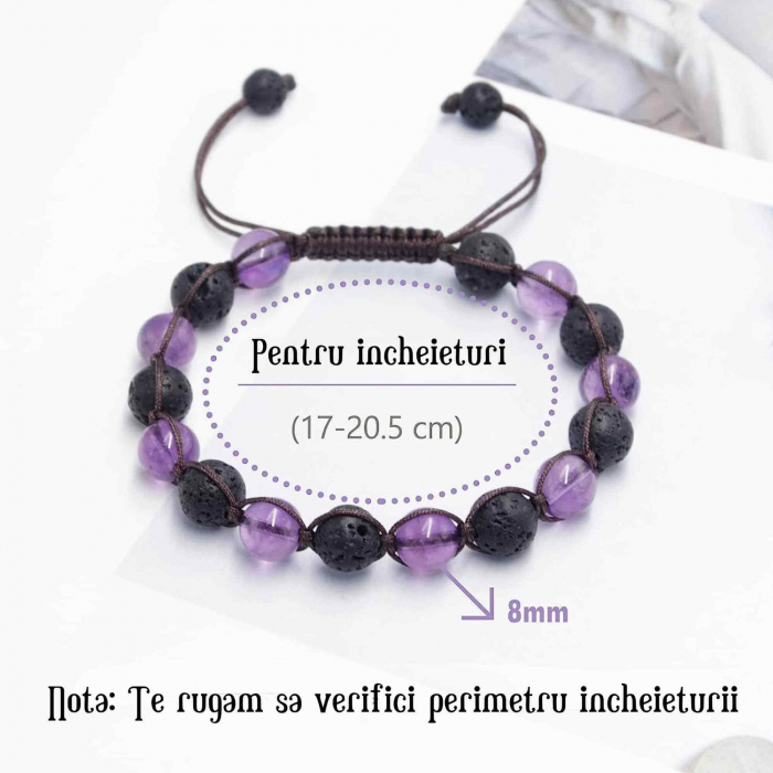 Bratara lucrata manual cu cristale 8mm naturale de ametist si roca vulcanica - Pentru femei protectie energetica pentru noroc si echilibru [4]