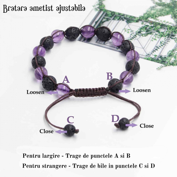 Bratara lucrata manual cu cristale 8mm naturale de ametist si roca vulcanica - Pentru femei protectie energetica pentru noroc si echilibru [3]