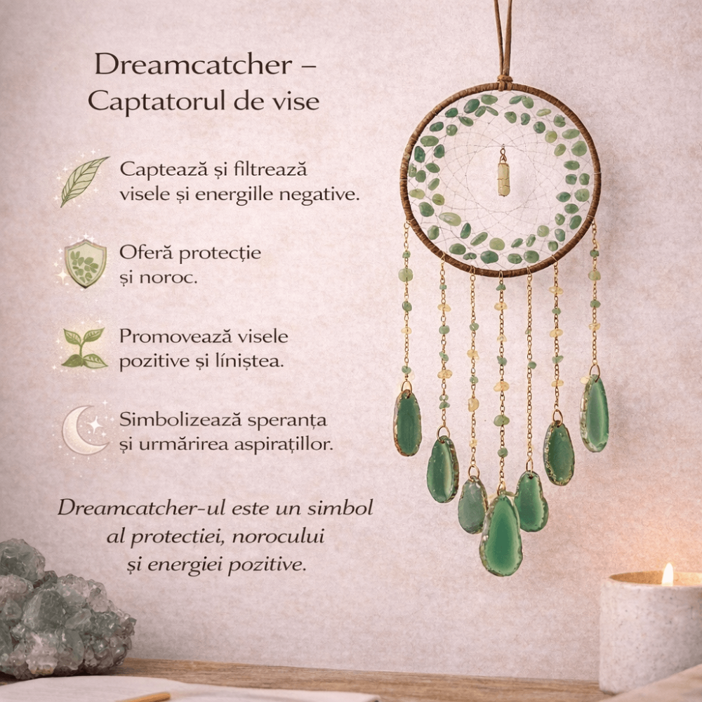 Dreamcatcher cu aventurin verde si felii agat, un cerc al sperantei si al echilibrului natural [3]