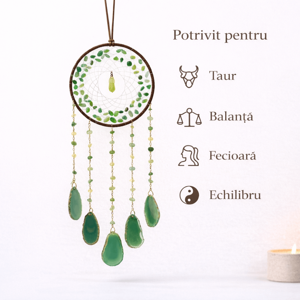 Dreamcatcher cu aventurin verde si felii agat, un cerc al sperantei si al echilibrului natural [4]