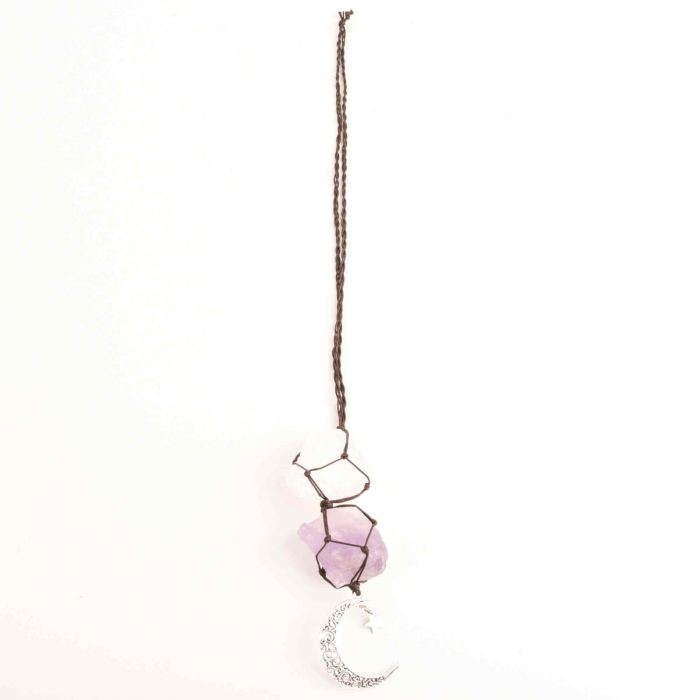 Ornament de agatat cu cristale vindecatoare Ametist si Turmalina Neagra, accesorii sub forma de semiluna si steluta Decor feng shui pentru oglinda masinii, casa si birou [3]