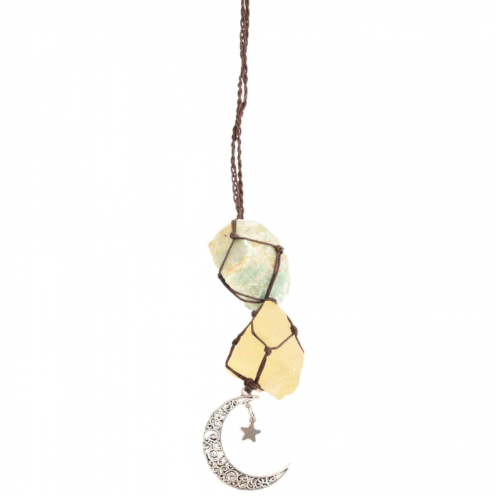 Ornament de agatat cu cristale vindecatoare Citrin si Amazonit, accesorii sub forma de semiluna si steluta Decor feng shui pentru oglinda masinii, casa si birou