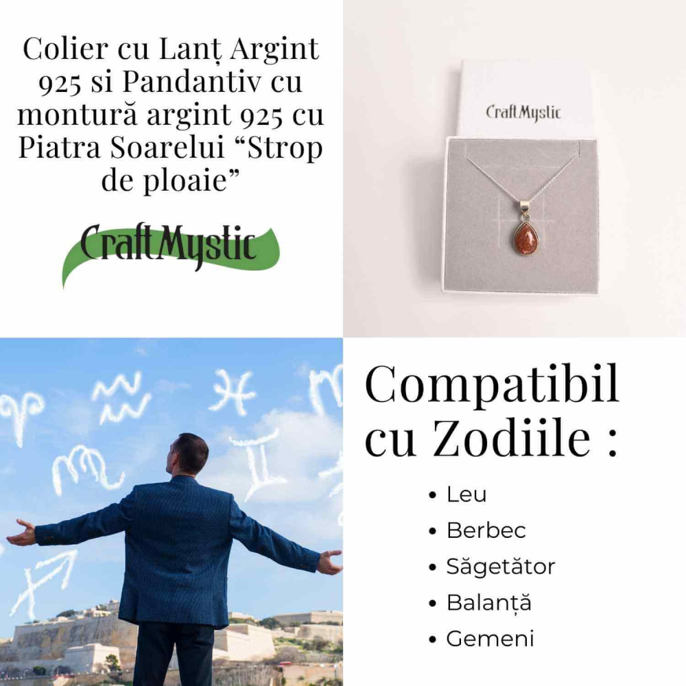Colier cu Piatra Soarelui Strop de Ploaie, Argint 925, Energie Pozitiva [5]