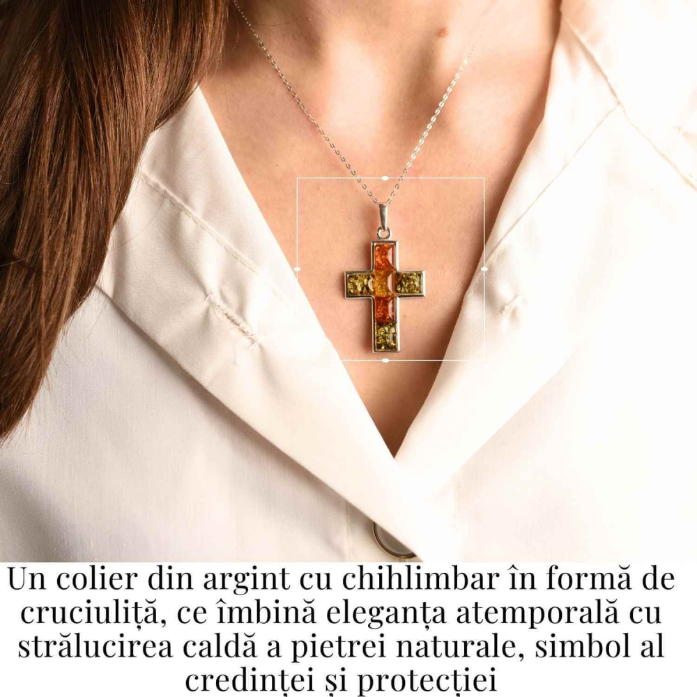 Colier argint 925 cu chihlimbar natural - crucea protectiei [2]