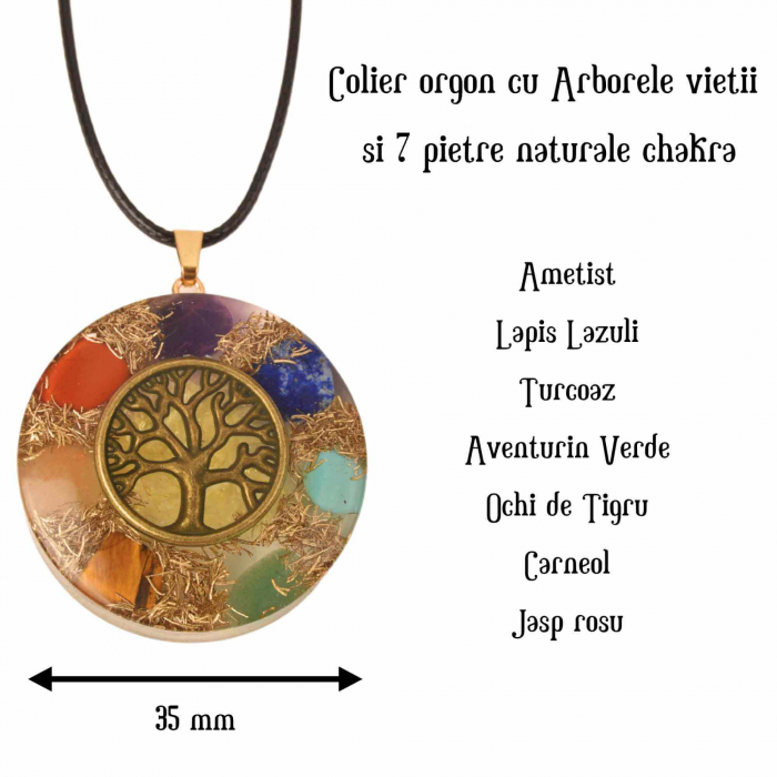 Colier cu pandantiv 35mm cu energie Orgonica cu Arborele Vietii cuprat si pietre naturale pentru cele sapte chakre [3]
