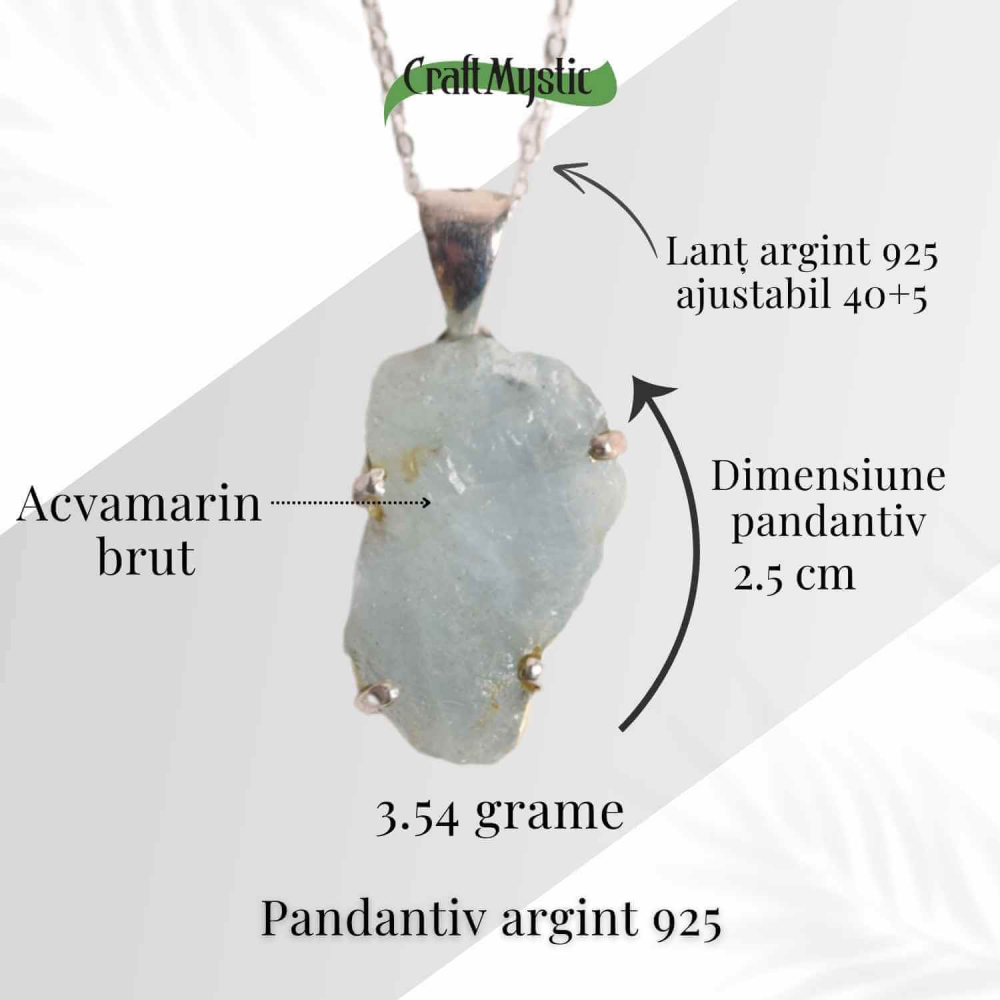 Colier Argint 925 cu Acvamarin Brut – Liniste Interioara si Claritate [30]