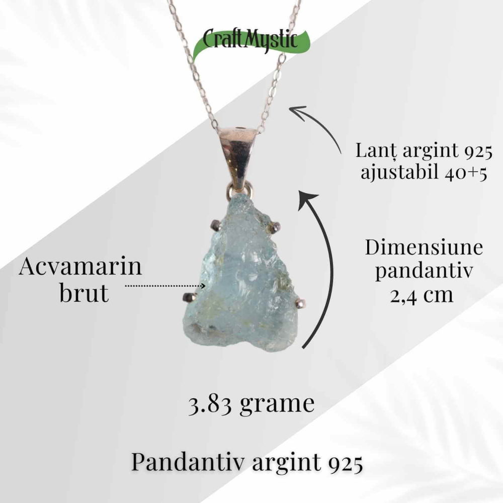Colier Argint 925 cu Acvamarin Brut – Liniste Interioara si Claritate [36]