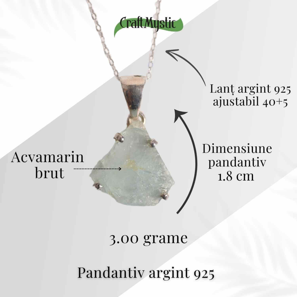 Colier Argint 925 cu Acvamarin Brut – Liniste Interioara si Claritate [40]