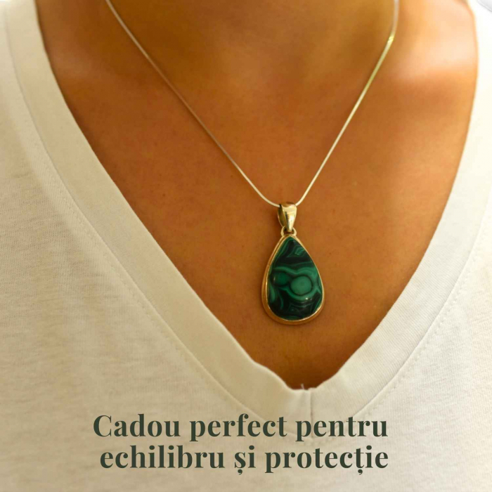 Pandativ Argint cu Malachit polisat si lant argint 925 - Protectie si Vindecare [2]