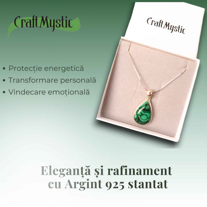 Pandativ Argint cu Malachit polisat si lant argint 925 - Protectie si Vindecare [4]