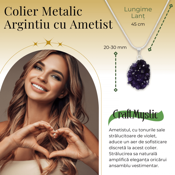 Colier deosebit cu Lant Argintiu si Pandantiv din Ametist Druzy Natural, 20-30mm [2]