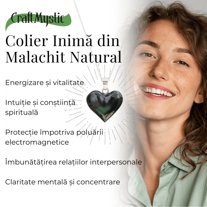 Colier Elegant cu Lant Argintiu si Pandantiv din Malachit Natural in Forma de Inima, 25mm [4]