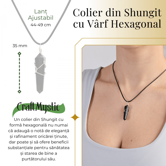Colier Ajustabil cu Pandantiv Hexagonal din Shungit Natural, 35mm [2]