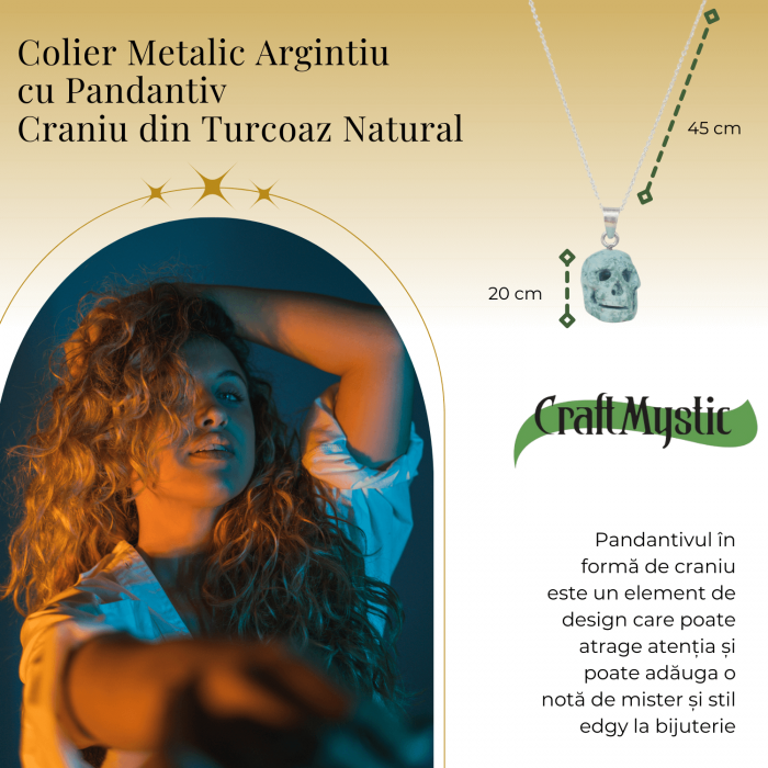 Colier Stilat cu Lant Argintiu si Pandantiv din Turcoaz Natural in Forma de Craniu, 20mm [5]
