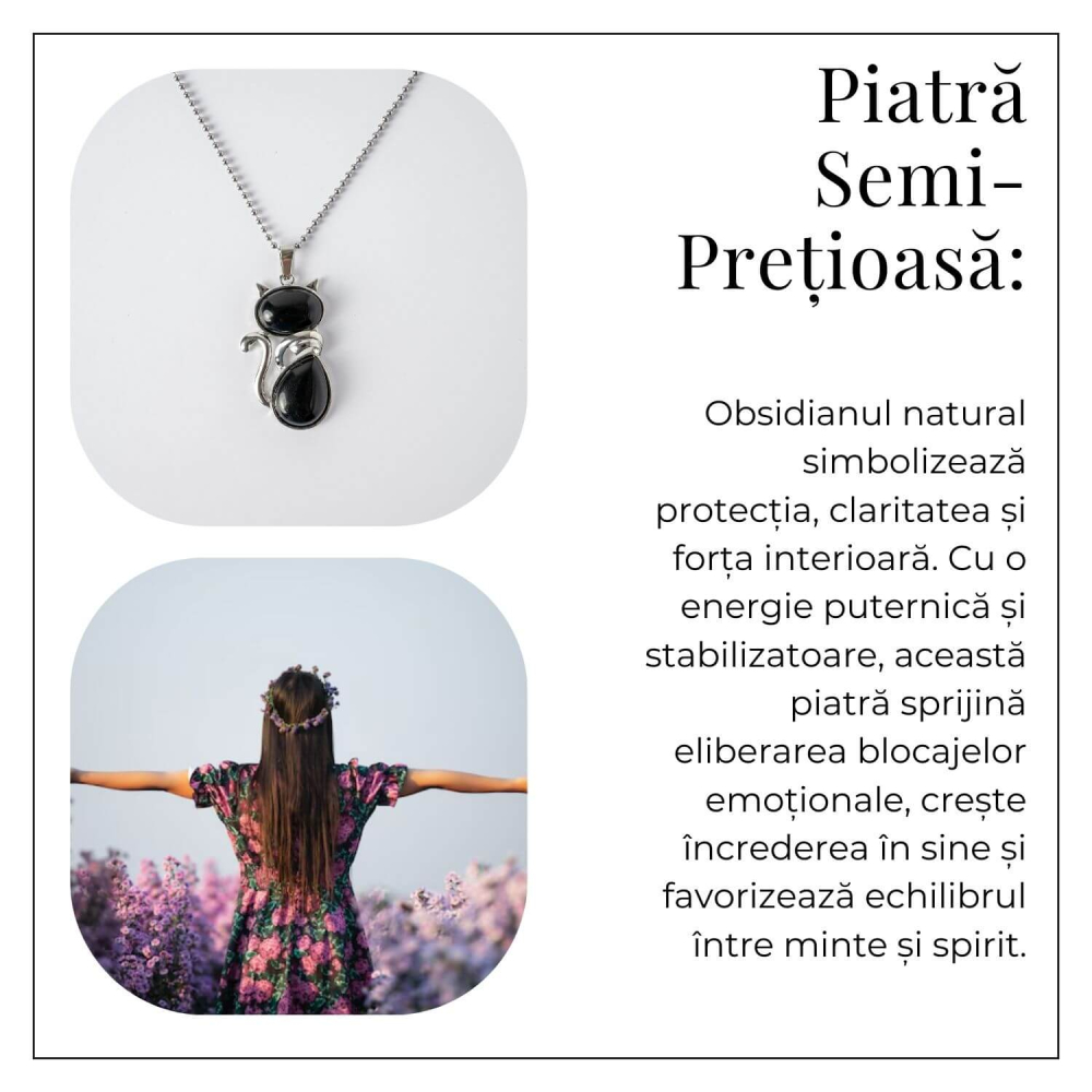 Protectie si Echilibru – Colier Pisica din Otel Inoxidabil cu Obsidian [6]