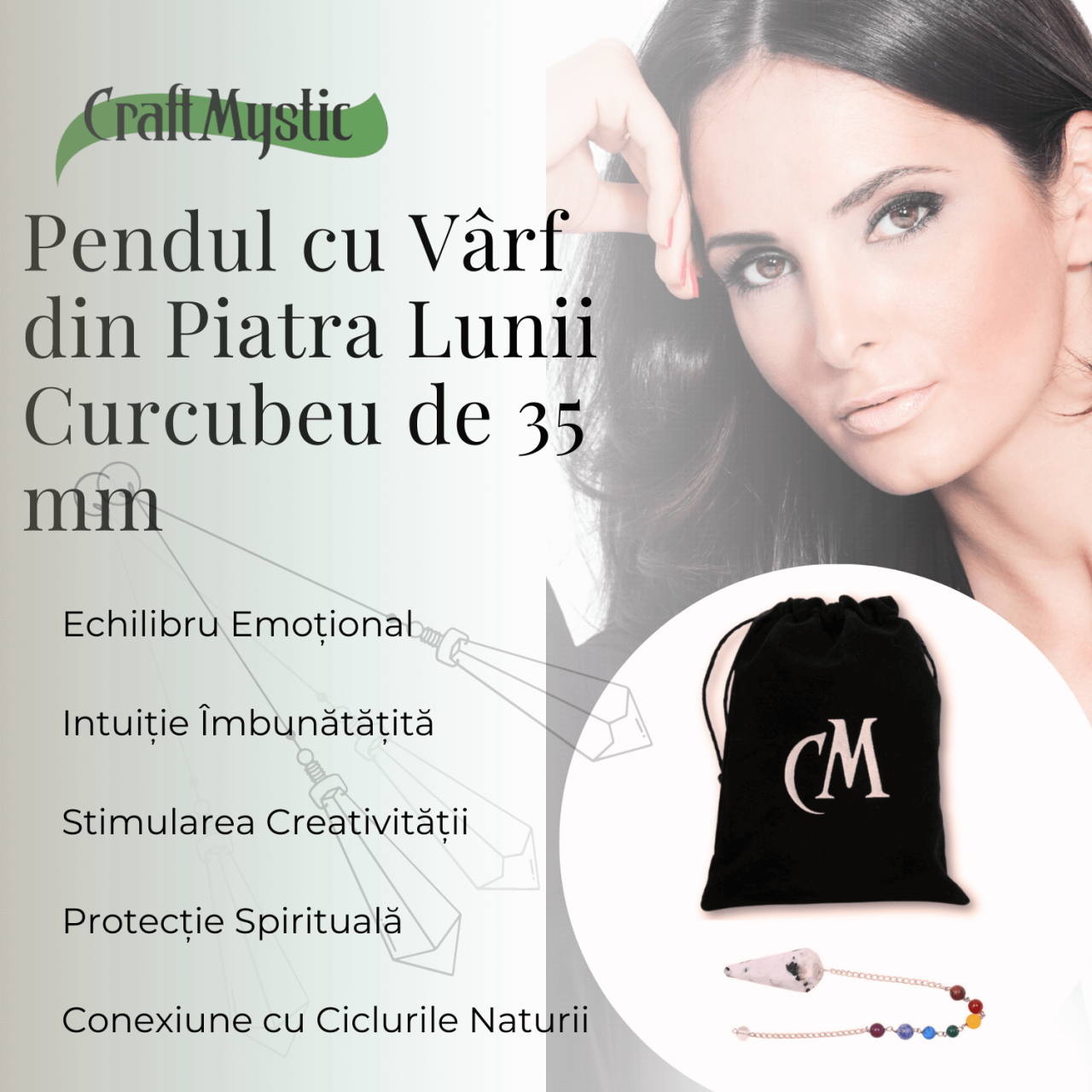 Pendul Piatra Lunii Curcubeu cu 7 Margele Chakre - Echilibru si Claritate [8]