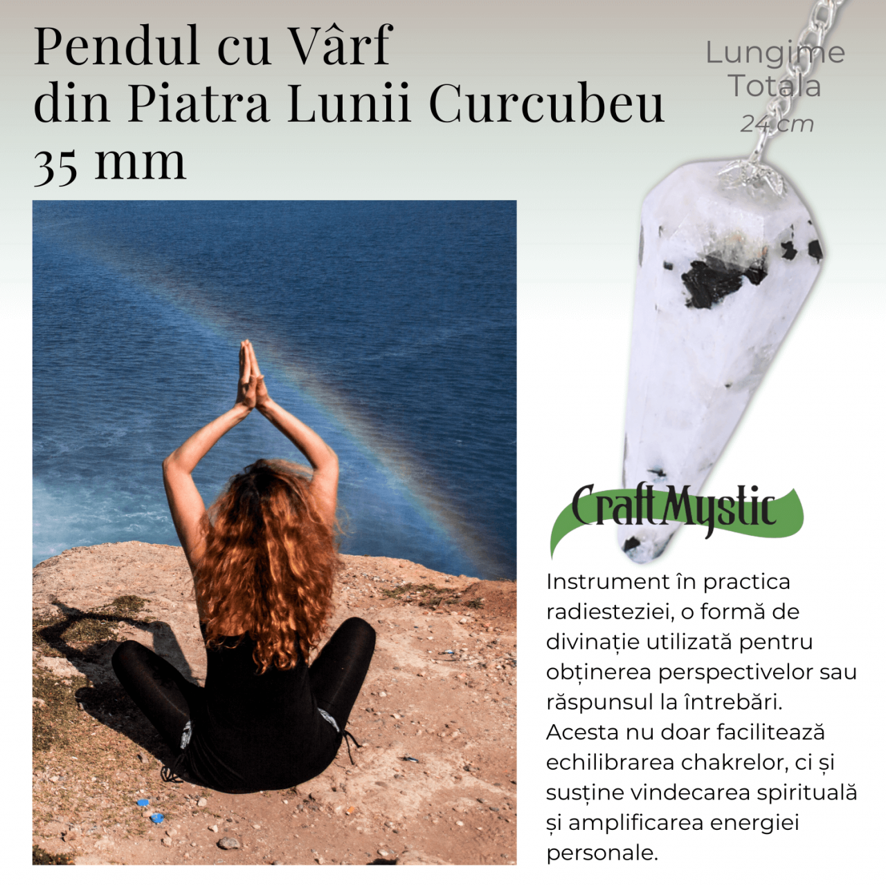 Pendul Piatra Lunii Curcubeu cu 7 Margele Chakre - Echilibru si Claritate [9]