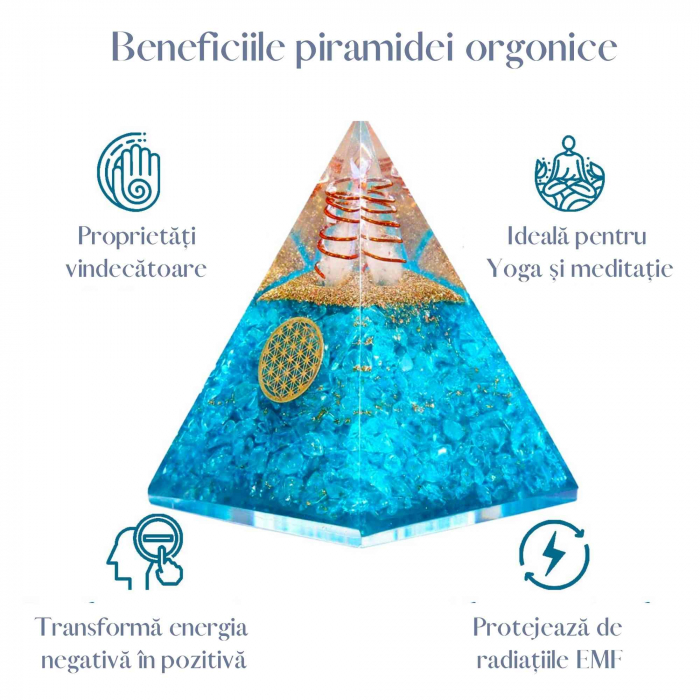 Piramida Orgonica cu cristal Acvamarin si simbolul floarea vietii 8 cm – pentru energie pozitiva, curaj, eliminarea fricii si a stresului [2]