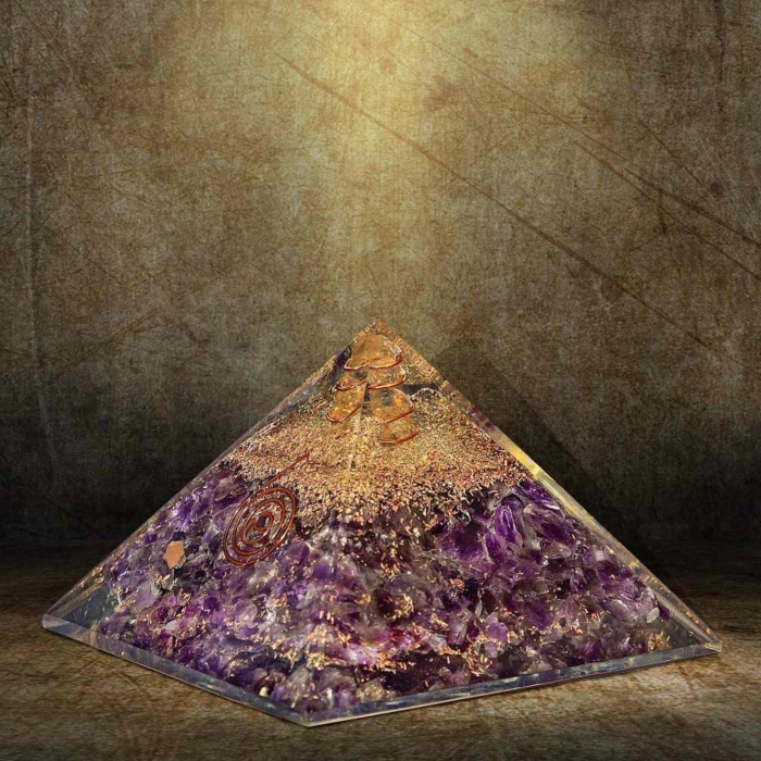 Piramida Orgonica cu cristal Ametist si simbolul floarea vietii 8 cm – Pentru energie, vindecarea reiki, echilibrarea chakrelor [3]