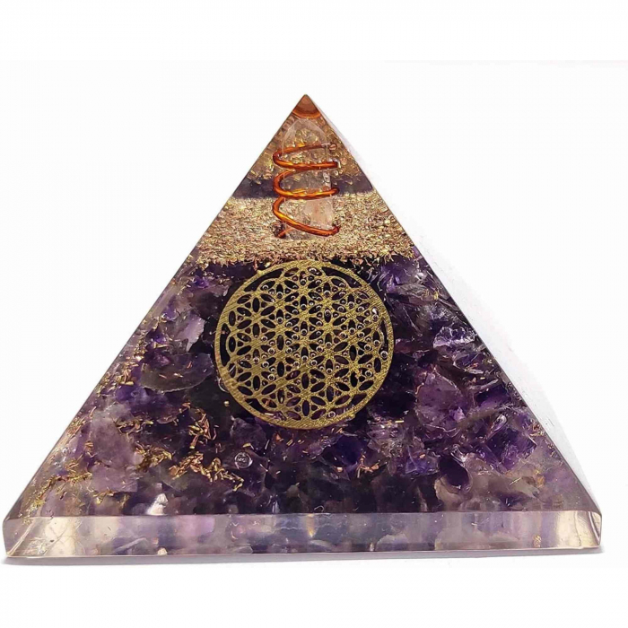 Piramida Orgonica cu cristal Ametist si simbolul floarea vietii 8 cm , Pentru energie, vindecarea reiki, echilibrarea chakrelor