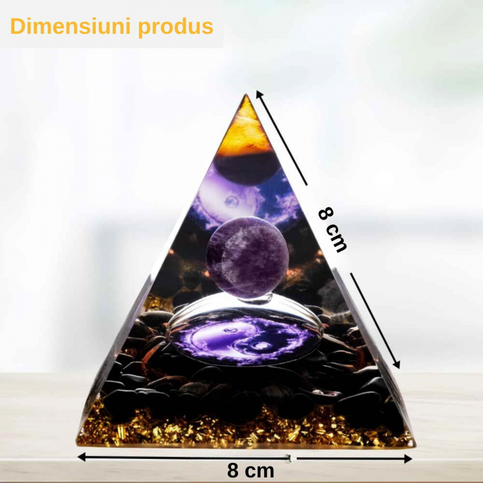 Piramida Orgonica cu cristale vindecatoare de Ametist, Obsidian, foita de aur, rasina naturala si sfera din cristal ametist 8 cm – pentru energie pozitiva si reducerea stresulu. [2]