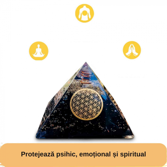 Piramida Orgonica cu Turmalina neagra si simbolul floarea vietii 8 cm – pentru meditatie si trezirea spiritualitatii si a abilitatilor interioare [8]
