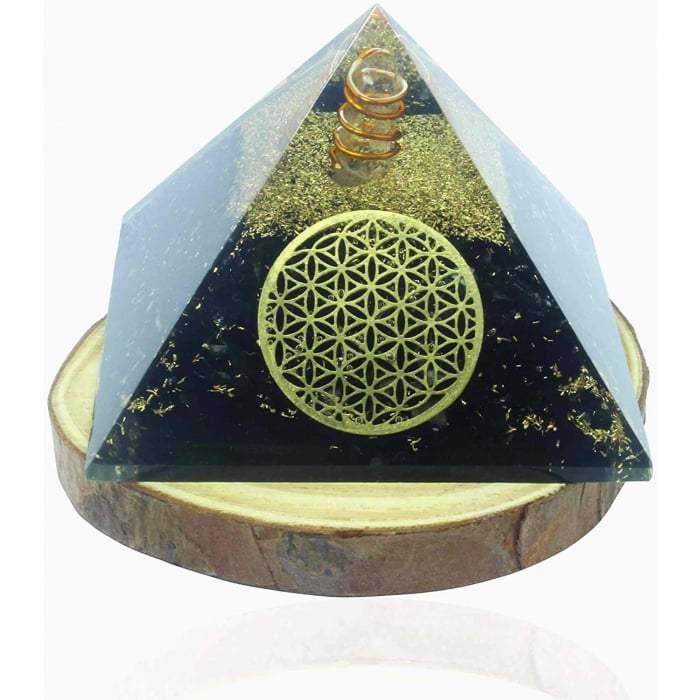 Piramida Orgonica cu Turmalina neagra si simbolul floarea vietii 8 cm – pentru meditatie si trezirea spiritualitatii si a abilitatilor interioare [5]