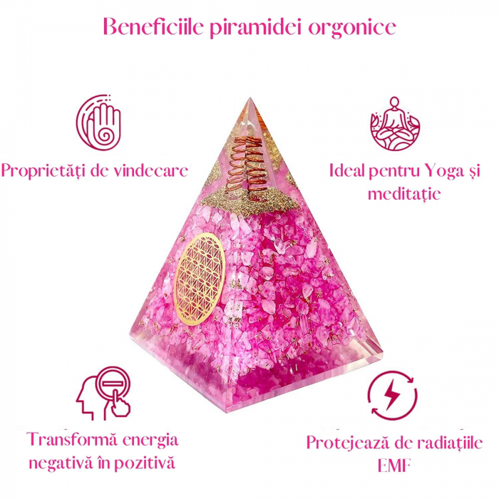 Piramida orgonica cuart roz si simbolul floarea vietii 8 cm – incurajeaza speranta, sensibilitatea, intuitia si abilitatile psihice [3]