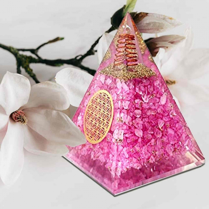 Piramida orgonica cuart roz si simbolul floarea vietii 8 cm – incurajeaza speranta, sensibilitatea, intuitia si abilitatile psihice [6]