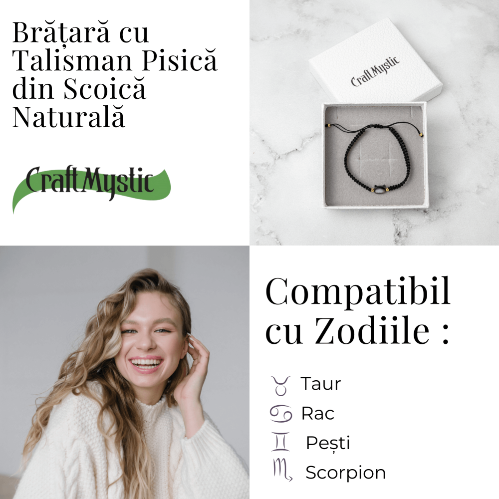 Protectie si Noroc – Bratara cu Charm Pisica din Scoica Naturala, Neagra [5]