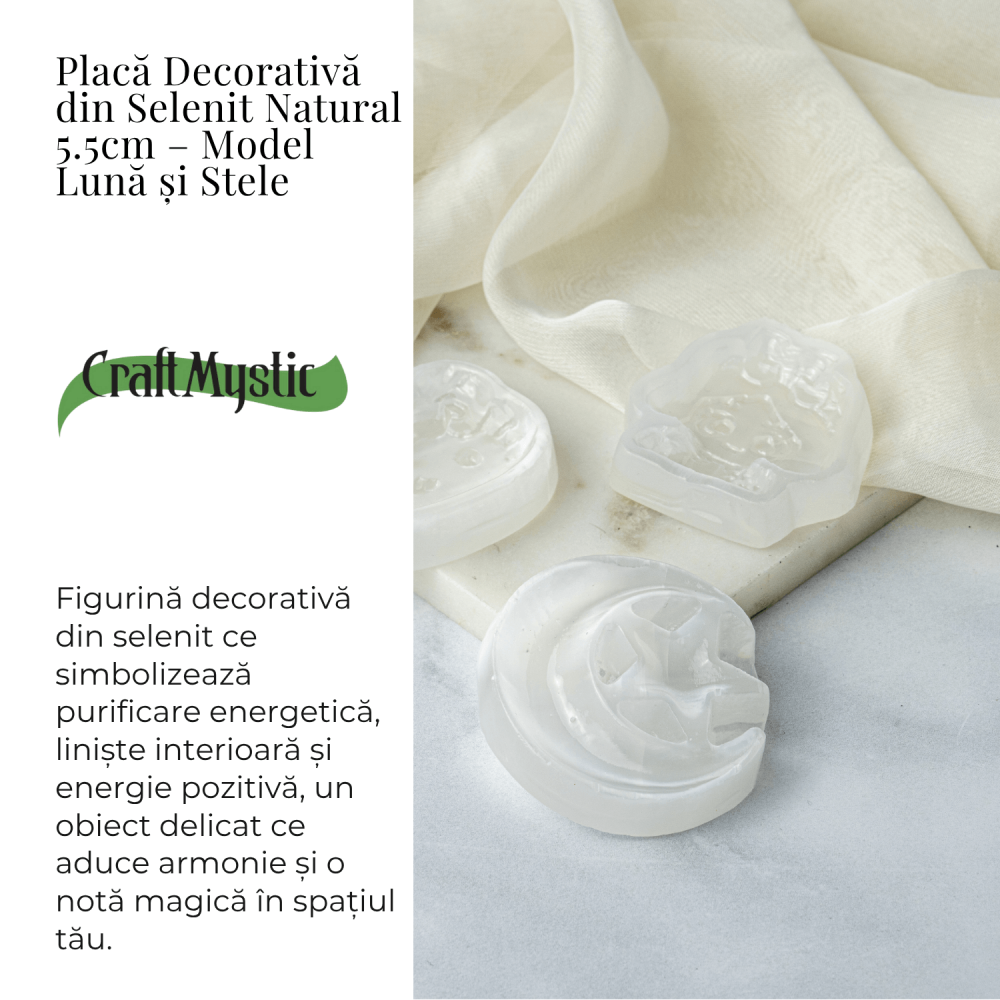 Placa Decorativa din Selenit Natural 5.5cm – Model Luna si Stele pentru Armonie si Claritate Energetica [2]