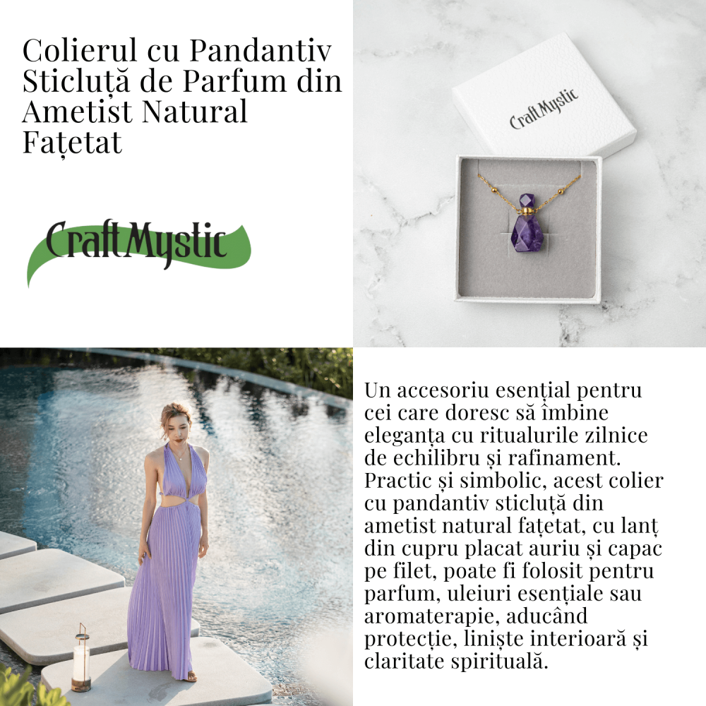 Claritate si Protectie – Colier Sticluta din Ametist Natural Fatetat, lant din Cupru Placat Auriu [5]