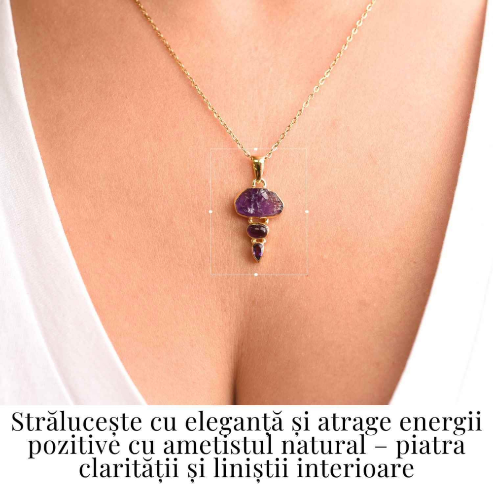 Calm Interior si Claritate Mentala – Colier inox si pandantiv argint 925 placat cu aur de18k si  Triplu Ametist [2]