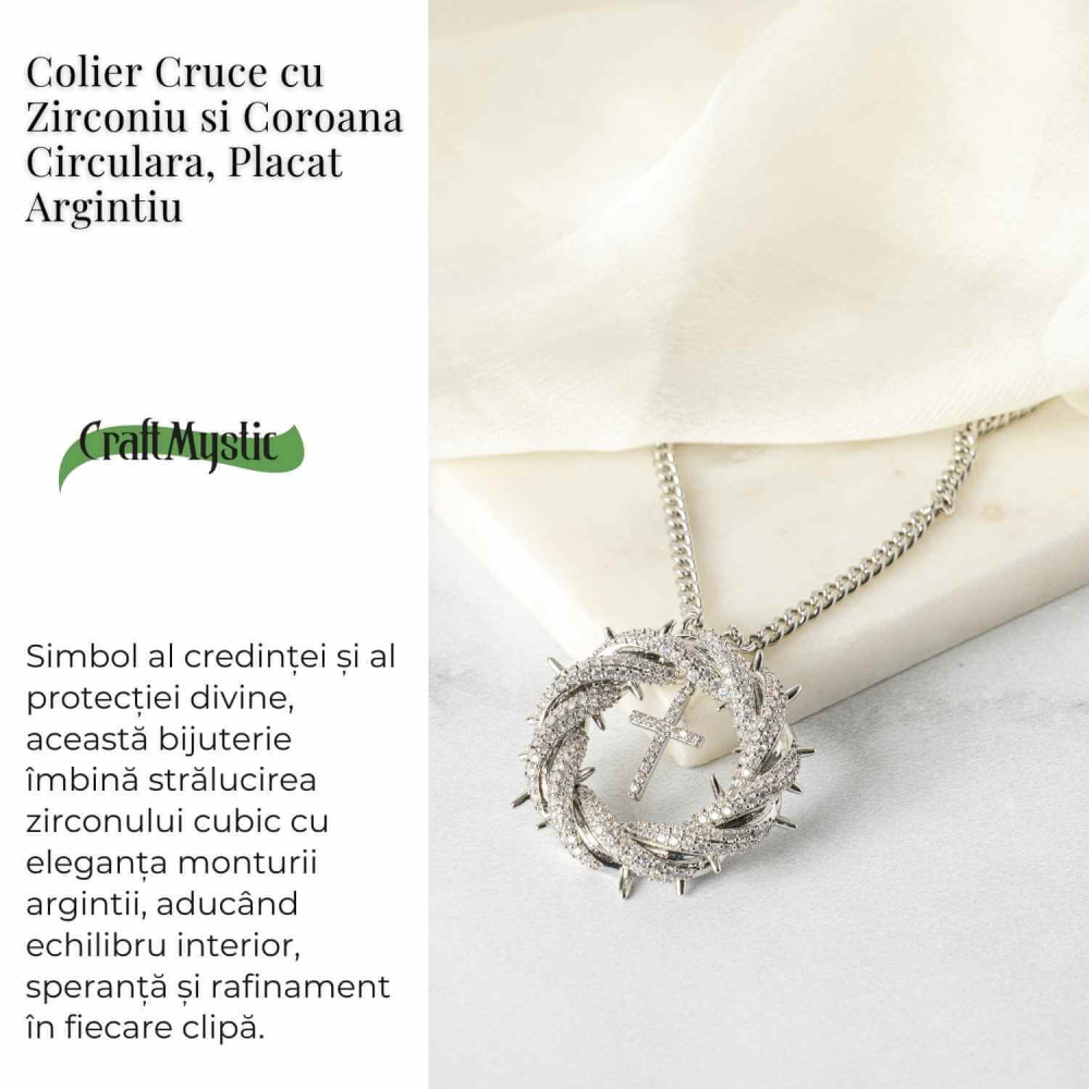 Protectie si Credinta – Colier Cruce cu Zirconiu si Coroana Circulara, Placat Argintiu [3]