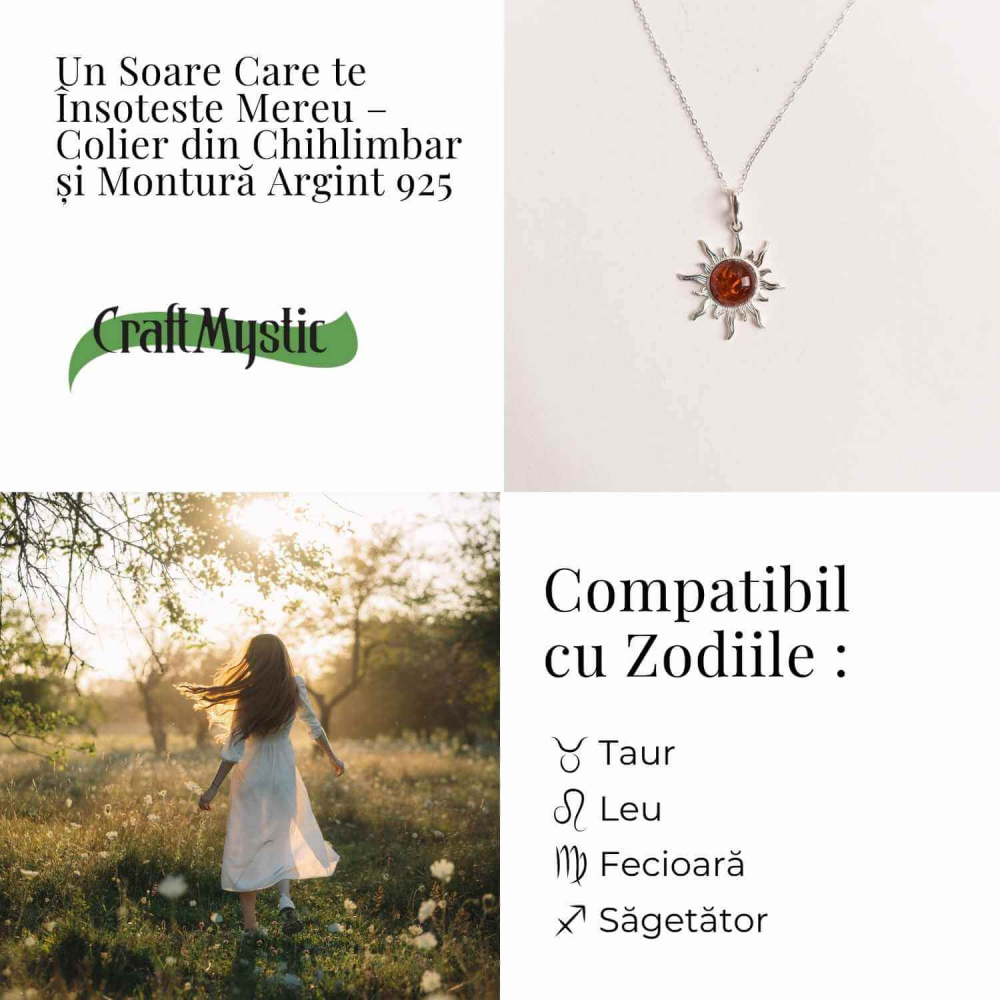 Colier Soare cu Chihlimbar Natural si Lant Argint 925 Ajustabil [4]