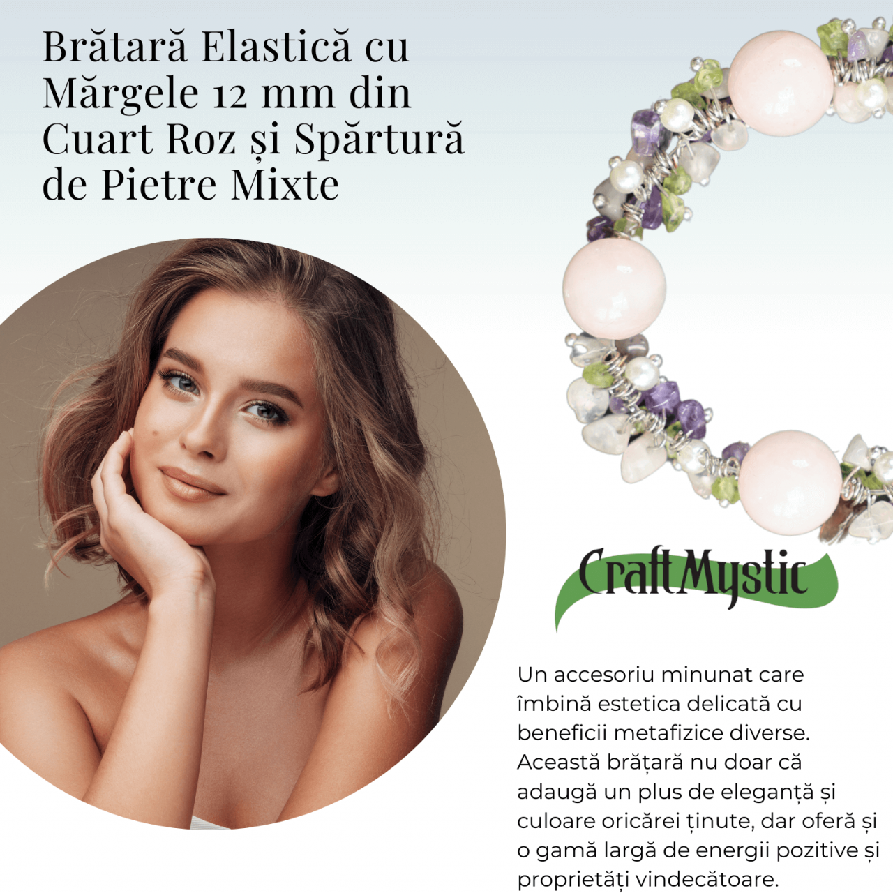 Bratara Ajustabila Cuart Roz 12mm si Pietre Mixte pentru Vindecare [5]