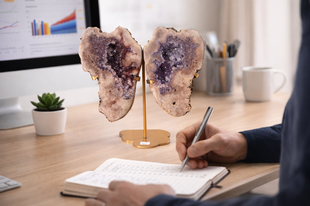 Pereche aripi din ametist roz cu geoda activa – sculptata manual Brazilia [4]