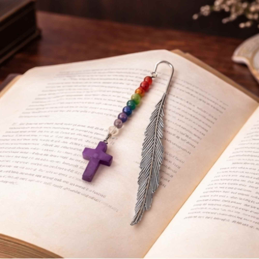 Semn de carte cu piatra naturala de Ametist, Cruce si 7 Chakre [5]