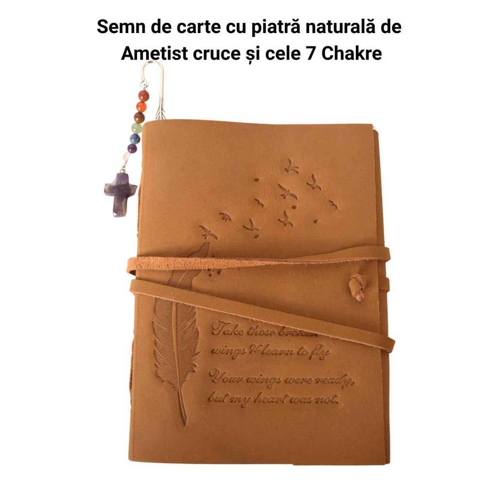 Semn de carte cu piatra naturala de Ametist, Cruce si 7 Chakre [2]