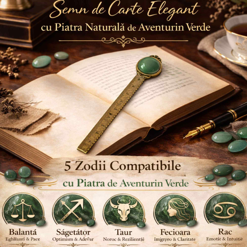 Semn de Carte Elegant cu Piatra Naturala de Aventurin Verde si Alama [3]