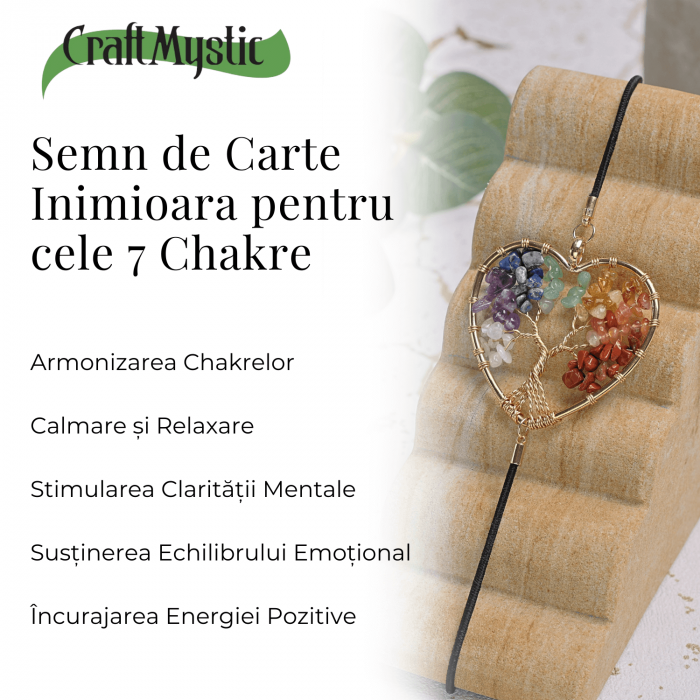 Semn de Carte Elastic cu Cristale Chakra - Forma Inima, Metal Vintage [4]