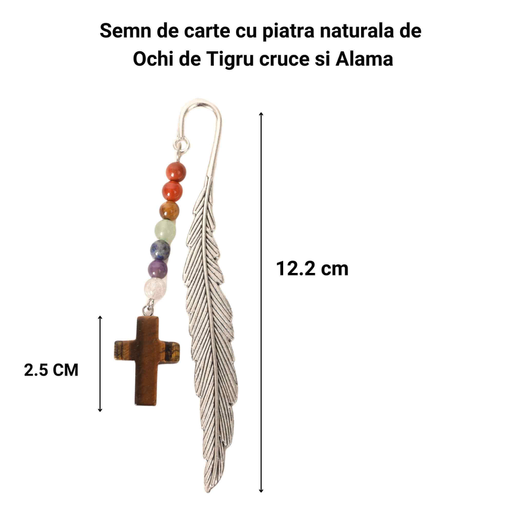 Semn de carte cu piatra naturala de Ochi de Tigru, Cruce si 7 Chakre [4]