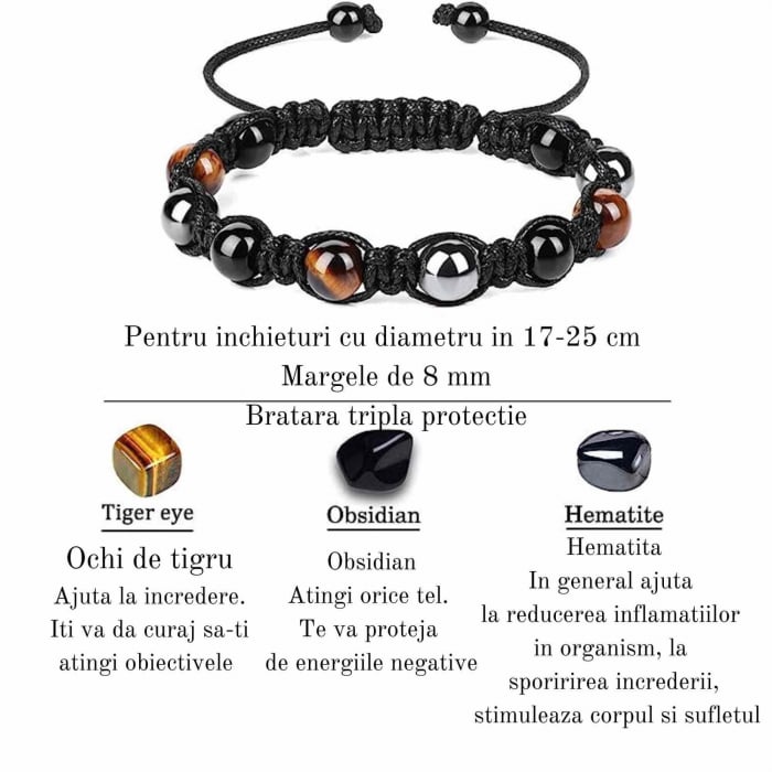 Set 2 bratari cu tripla protectie cu margele 8mm din Ochi de tigru, obsidian negru si hematit - Pentru barbati, femei, copii - Lucrate manual aduc noroc, prosperitate si fericire [3]